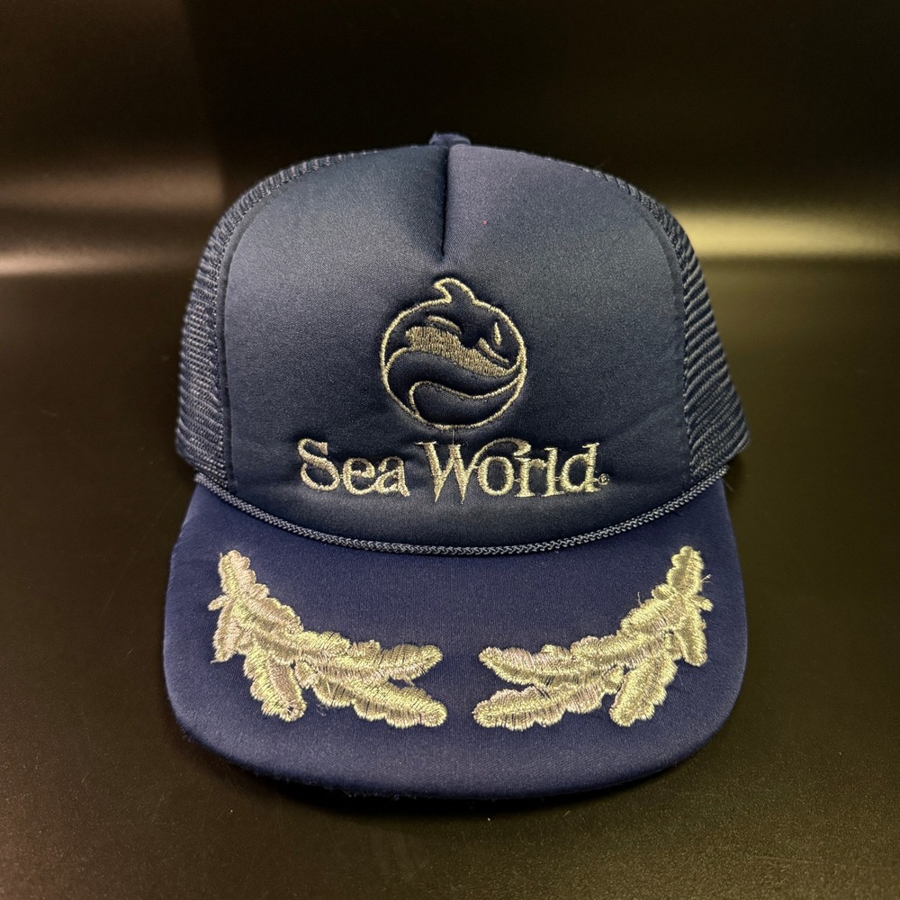 SeaWorld Scrambled‎ Eggs Logo Navy Blue Polyester Mesh Trucker Hat Mens OSFM